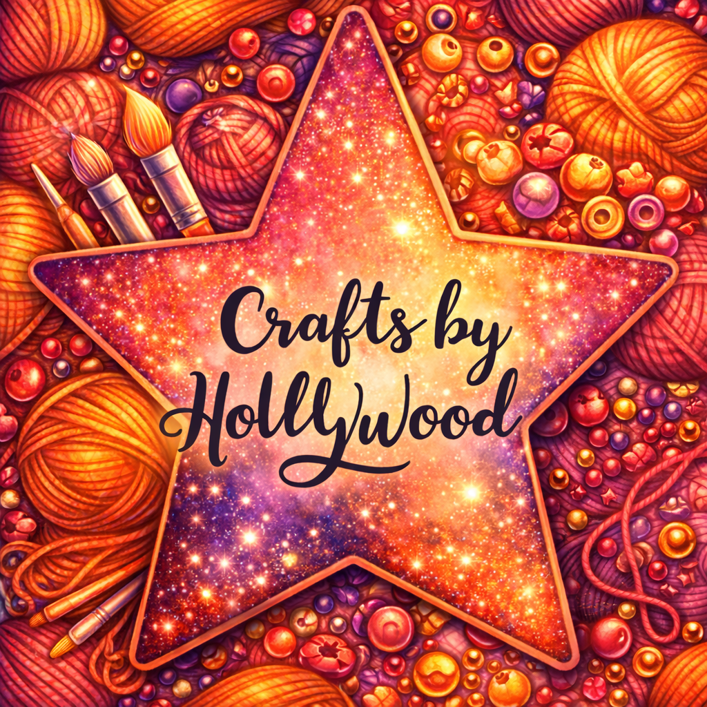 Crafts by Hollywood logo: a sparkling gold and pink star surrounded by colorful yarn, beads, and paintbrushes